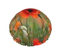 Reusable Shower Cap For Women Poppy Floral Bee Bath Cap Double Layer Waterproof Shower Hair Protector Adjustable Elastic Band Shower Hat For Home Spa Salon Bathing Caps