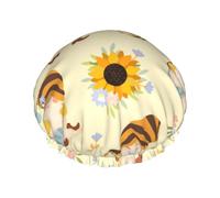 Reusable Shower Cap for Women Washable Honey Bees Cute Gnome Sunflower Floral Elastic Band Bath Hair Hat for Long Hair