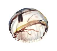 Reusable Shower Cap for Women Waterproof Bath Caps Double Layer Bath Hair Caps Birds Resting on Tree Branch Shower Hat for Ladies Spa Salon, Large Size for All Hair Lengths