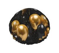 Reusable Shower Cap for Women Waterproof Bath Caps Double Layer Bath Hair Caps Black and Gold Ballons Shower Hat for Ladies Spa Salon, Large Size for All Hair Lengths