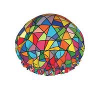 Reusable Shower Cap for Women Waterproof Bath Caps Double Layer Bath Hair Caps Bright Geometric Shapes Shower Hat for Ladies Spa Salon, Large Size for All Hair Lengths