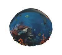 Reusable Shower Cap for Women Waterproof Bath Caps Double Layer Bath Hair Caps Fish Sharks Coral Shower Hat for Ladies Spa Salon, Large Size for All Hair Lengths