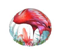 Reusable Shower Cap for Women Waterproof Bath Caps Double Layer Bath Hair Caps Flamingo Hand Painted Watercolor Shower Hat for Ladies Spa Salon, Large Size for All Hair Lengths