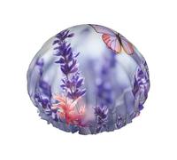Reusable Shower Cap for Women Waterproof Bath Caps Double Layer Bath Hair Caps Lavender Flower Background with Butterflies Shower Hat for Ladies Spa Salon, Large Size for All Hair Lengths