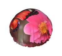 Reusable Shower Cap for Women Waterproof Bath Caps Double Layer Bath Hair Caps Red Flower and Butterfly Shower Hat for Ladies Spa Salon, Large Size for All Hair Lengths