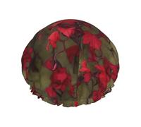 Reusable Shower Cap for Women Waterproof Bath Caps Double Layer Bath Hair Caps Red Flower Vine Shower Hat for Ladies Spa Salon, Large Size for All Hair Lengths