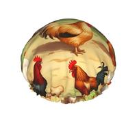 Reusable Shower Cap for Women Waterproof Bath Caps Double Layer Bath Hair Caps Roast Chicken Hen Farm Shower Hat for Ladies Spa Salon, Large Size for All Hair Lengths