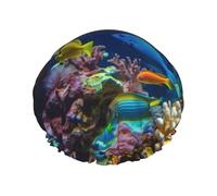 Reusable Shower Cap for Women Waterproof Bath Caps Double Layer Bath Hair Caps Tropical Fish and Corals Shower Hat for Ladies Spa Salon, Large Size for All Hair Lengths