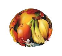 Reusable Shower Cap for Women Waterproof Bath Caps Double Layer Bath Hair Caps Tropical Fruits and Flowers Shower Hat for Ladies Spa Salon, Large Size for All Hair Lengths