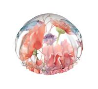 Reusable Shower Cap for Women Waterproof Bath Caps Double Layer Bath Hair Caps Watercolor Flowers with Dragonfly Shower Hat for Ladies Spa Salon, Large Size for All Hair Lengths