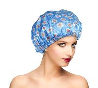 Reusable Shower Cap, Hair Cap, Oversized Waterproof Shower Caps Large Designed for all Hair Lengths with PEVA Lining & Elastic Band Stretch Shower Hat - Blue Flower Shower Caps for Women