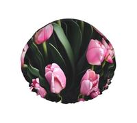 Reusable Shower Caps Pink Tulip Print Shower Caps for Women Double Layer Hair Cap Adult Hair Cap for All Hair