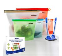 Reusable Silicone Food Storage Bags [7 Set] | [4 x 1000ml + 2 x 1500ml + Bonus Bag Rack Holder] | Freezer, Microwave & Dishwasher Safe | for Soups, Sandwiches + More | by Kitchen Elements