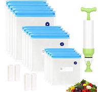Reusable Sous Vide Bags 3 Sizes - 20 Pack with Hand Pump, Sealing Clips for Sous Vide Cooking and Food Storage (Blue Kit)
