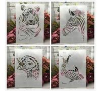 Reusable Stencils,4Pcs 29cm A4 Tiger Wolf Zebra Carp Stencils for Painting on Wood,Wall,Furniture,Floor,Layering Templates for Crafts DIY Home Décor