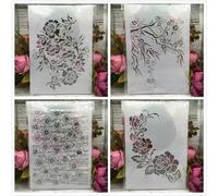 Reusable Stencils,4Pcs A4 29cm Plum Rose Flower Branch Stencils for Painting on Wood,Wall,Furniture,Floor,Layering Templates for Crafts DIY Home Décor