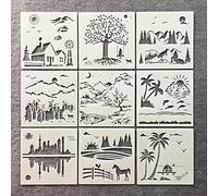 Reusable Stencils for Painting on Wood,9Pcs 20cm City Country Farm Beach Drawing Stencil Templates for Scrapbooking Art Supplies Wall Décor
