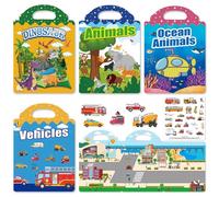 Reusable Sticker Book, 4 Pack Ocean Animals Vehicles Dinosaur Stickers for Children, Jelly Stickers, Plane Activities for Kids, Party Bag Sticker, Educational Learning Toy, Birthday Gifts