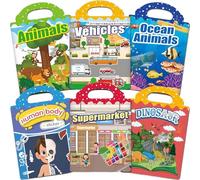 Reusable Sticker Book for Kids 2-8 Years, Sticker Book with 6 Themes - Vehicles, Animals, Ocean, Dinosaurs, Body, Supermarket | Reusable Puffy Stickers for Children, Educational Travel Activity Toys