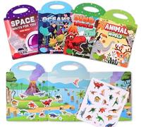Reusable Sticker Books, 4 Pack Scenes Jelly Stickers Waterproof Gel Cling Decals 3D Puffy Stickers Book Set Game Educational Sensory Learning Toy for Travel Toys Party Supplies Kids Birthday Gift