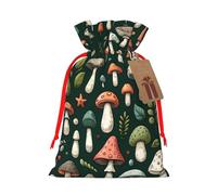 Reusable Various-Mushrooms-Green Burlap Drawstring Xmas Present Bags, Rustic Gift Wrap Bags For Holiday Party And Xmas Presents
