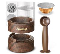 Reusable Vertuo Pod Refill Kit for Nespresso: Reusable Vertuo Capsule for Nespresso/Coffee Pods Vertuoline with 100 Aluminum Foil Lids for Any Size of Vertuo Plus Espresso Pod- Wood Grain Holder