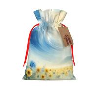 Reusable Watercolor-Powerful-Sunflowers Burlap Drawstring Xmas Present Bags, Rustic Gift Wrap Bags For Holiday Party And Xmas Presents