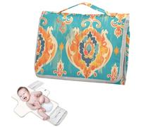 Reusable Waterproof pad with Tissue Pocket Changing Pads for Changing Table with Built-in Pillow- Boho Green Orange