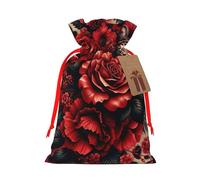 Reusable Wild-Leopard-Print-Red-Flowers Burlap Drawstring Xmas Present Bags, Rustic Gift Wrap Bags For Holiday Party And Xmas Presents