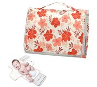 Reusable wipeable Changing pad with Tissue Pocket Diaper Changing pad Portable with Built-in Pillow- Style Hibiscus Floral Coral Red