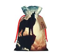 Reusable Wolf-Howling-Thunderstorm Burlap Drawstring Xmas Present Bags, Rustic Gift Wrap Bags For Holiday Party And Xmas Presents