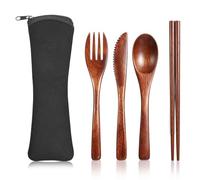 Reusable Wooden Cutlery Set with Case, 4 PCS Portable Wooden Travel Utensils - Spoon Fork Knife Chopsticks for Eating, Sturdy Wood Flatware Set Eating Utensils Sets for Work, Travel, and Camping