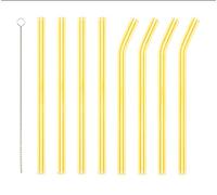 Reusable yellow glass drinking straws with 1 cleaning brush - 4 curved and 4 straight glass straws for cocktail, smoothie milkshake or tea - environmentally friendly, healthy.