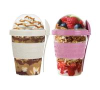 Reusable Yogurt Cups with Lid & Spoon 100% BPA Free Breakfast On the Go Cups with Topping Cereal 600ml Over Night Oats Container Smoothie Snack Jars (White, Pink)
