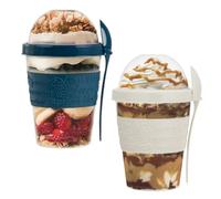 Reusable Yogurt Cups with Lid & Spoon 100% BPA Free Breakfast On the Go Cups with Topping Cereal 600ml Over Night Oats Container Smoothie Snack Jars (Blue Teal, White)