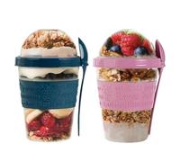 Reusable Yogurt Cups with Lid & Spoon 100% BPA Free Breakfast On the Go Cups with Topping Cereal 600ml Over Night Oats Container Smoothie Snack Jars (Blue Teal, Pink)