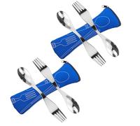 Reuseable Sporks Stainless Steel 4pcs, Portable Cutlery Spoon Fork Camping Cutlery Set with Bag for Travel Outdoor Picnic - Blue