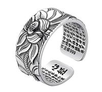 Reuvv 99 Silver Lotus Ring with Thai Heart Sutra Adjustable Open End Finger Ring Jewelry Gifts