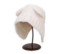 Reuvv Women Kawaii Bear Ear Beanie Hat Cute Bear Beanies Ear Warm Hat Plush Earflap Beanie Hat Slouchy Hat White