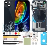 ReuWeu Back Cover Replacement Compatible with iPhone 14 All Carriers 6.1" + Pre-Installed Plate + Wireless Charging Coil Flex Cable + Microphone + Flashlight + Camera Frame (Midnight)