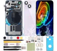 ReuWeu Back Glass Replacement Compatible with iPhone 14 All Carriers 6.1" + Pre-Installed Plate + Wireless Charging Coil Flex Cable + Microphone + Flashlight + Camera Frame (Purple)