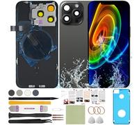 ReuWeu Back Glass Replacement Compatible with iPhone 15 Pro All Carriers 6.1" + Pre-Installed Plate + Wireless Charging Coil Flex Cable + Microphone + Flashlight + Camera Frame (Black)