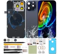 ReuWeu Back Glass Replacement Compatible with iPhone 15 Pro Max All Carriers 6.7" + Pre-Installed Plate + Wireless Charging Coil Flex Cable + Microphone + Flashlight + Camera Frame (Blue)