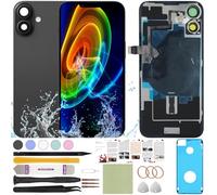 ReuWeu Back Glass Replacement Cover Compatible with iPhone 16 Plus All Carriers 6.7" + Pre-Installed Plate + Wireless Charging Coil Flex Cable + Microphone + Flashlight + Camera Frame (Black)