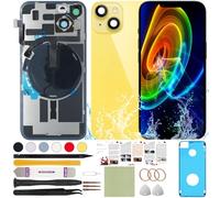 ReuWeu Back Screen Glass Replacement Compatible with iPhone 14 All Carriers 6.1" + Pre-Installed Plate + Wireless Charging Coil Flex Cable + Microphone + Flashlight + Camera Frame (Yellow)