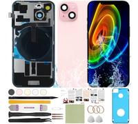 ReuWeu Back Screen Glass Replacement Compatible with iPhone 15 All Carriers 6.1" + Pre-Installed Plate + Wireless Charging Coil Flex Cable + Microphone + Flashlight + Camera Frame (Pink)