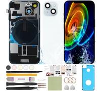 ReuWeu Back Screen Glass Replacement Compatible with iPhone 15 All Carriers 6.1" + Pre-Installed Plate + Wireless Charging Coil Flex Cable + Microphone + Flashlight + Camera Frame (Blue)
