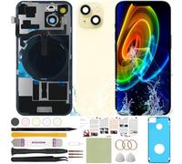 ReuWeu Back Screen Glass Replacement Compatible with iPhone 15 Plus All Carriers 6.7" + Pre-Installed Plate + Wireless Charging Coil Flex Cable + Microphone + Flashlight + Camera Frame (Yellow)