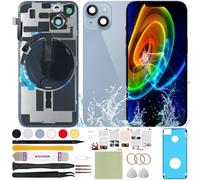 ReuWeu Rear Back Screen Cover Replacement Compatible with iPhone 14 Plus All Carriers 6.7" + Pre-Installed Plate + Wireless Charging Coil Flex Cable + Microphone + Flashlight + Camera Frame (Blue)