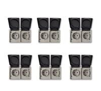 REV AquaBase Economy Set - 6x 2-Way Wet Room Sockets, 2-Pole, Splash-proof IP54, Horizontal, Surface-Mounted, Grey